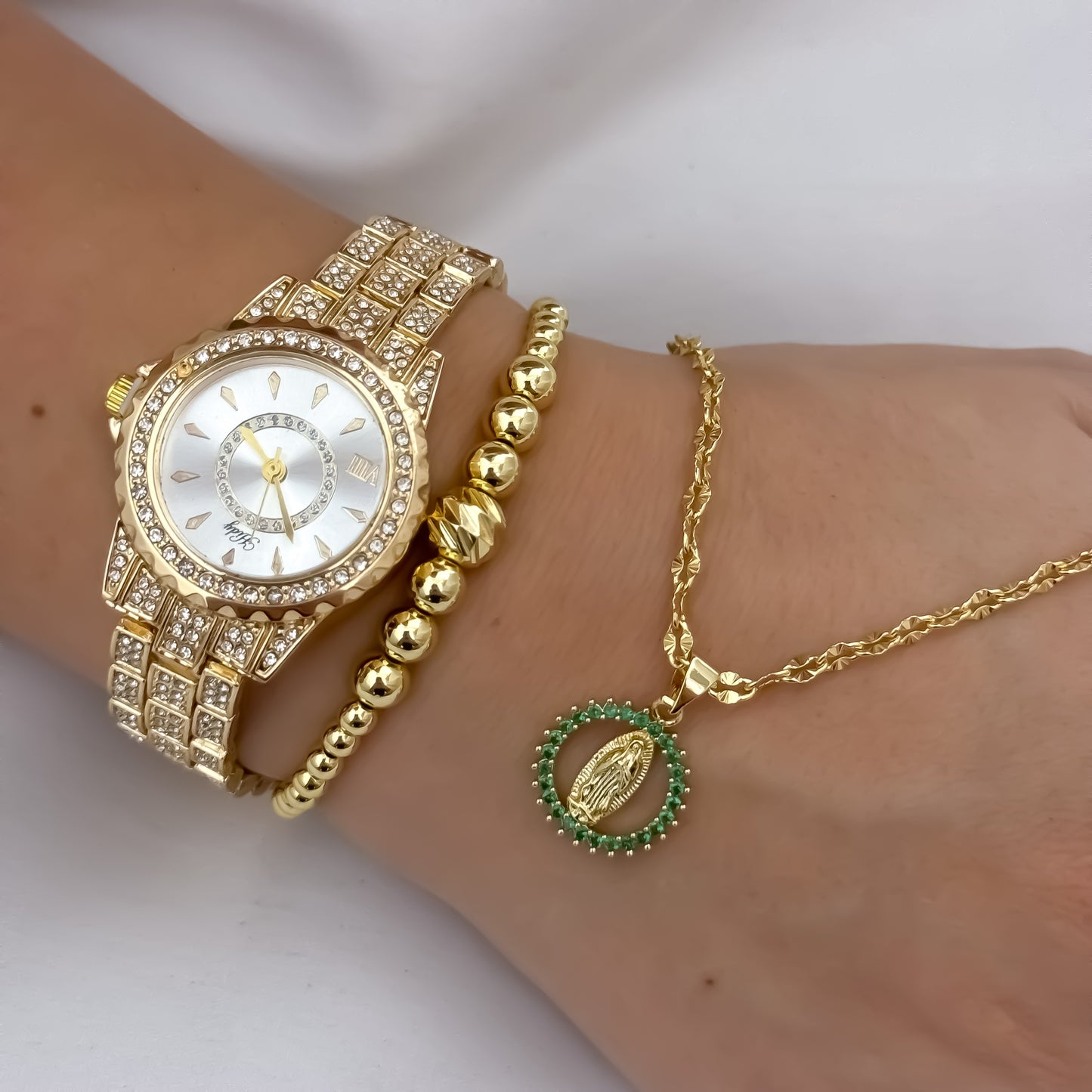 Cadena Tejido Crispeta de Dama de 45cm de 2mm de Grosor + Virgen Guadalupe Verde Esmeralda + Pulsera Full Balines en Oro Laminado 18k + Reloj de Dama con micro circones Hlfert