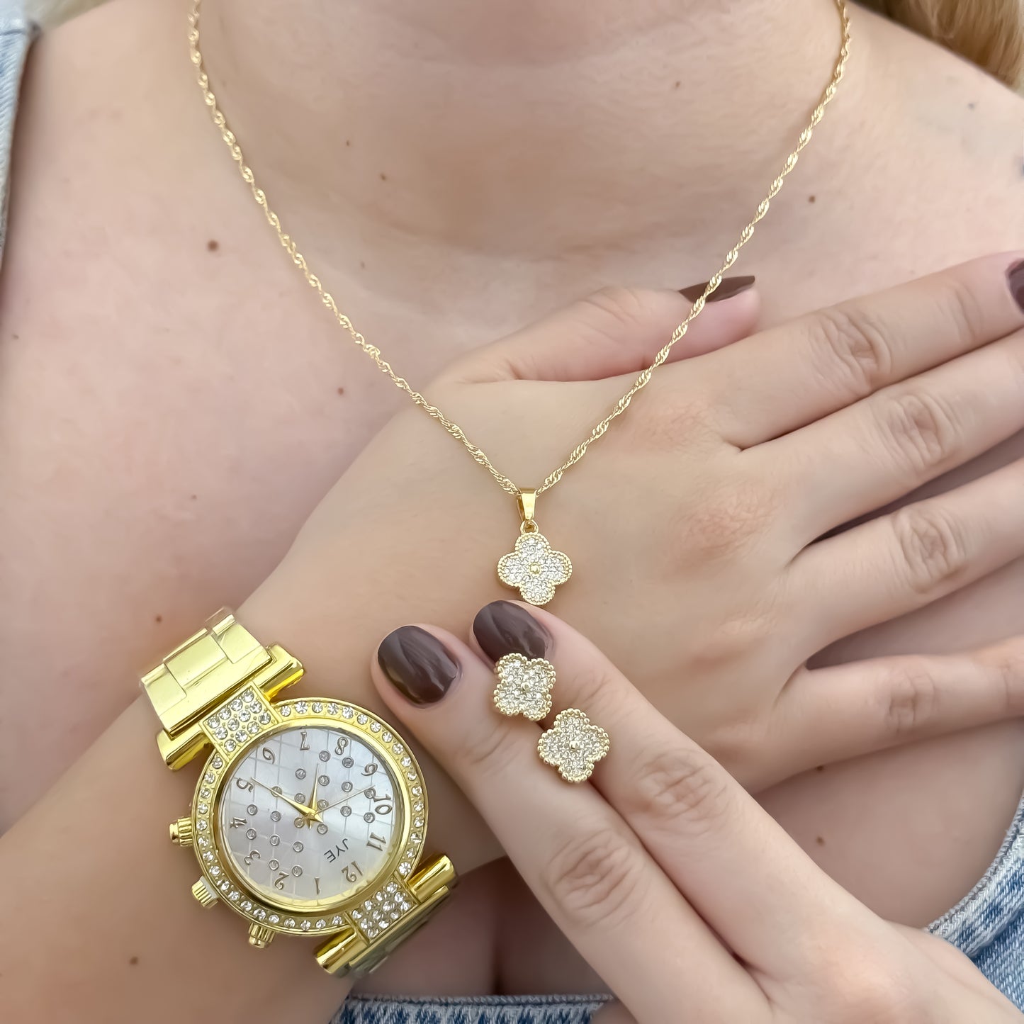 Cadena Tejido Singapur de Dama de 45cm + Juego de Dije de trebol de Suerte + Topos trebol con Micro circones en Oro Laminado 18k con Garantia de por vida + Reloj de Dama JYE