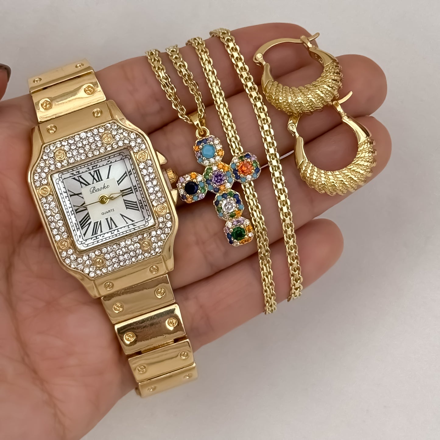 Cadena Tejido Chino de Dama de 45cm de 3mm de Grosor + Cruz con circones de colores + Candongas con Melcochas Diamanatadas + Reloj Catier con micro circones en Oro Laminado 18k con Garantia de por vida
