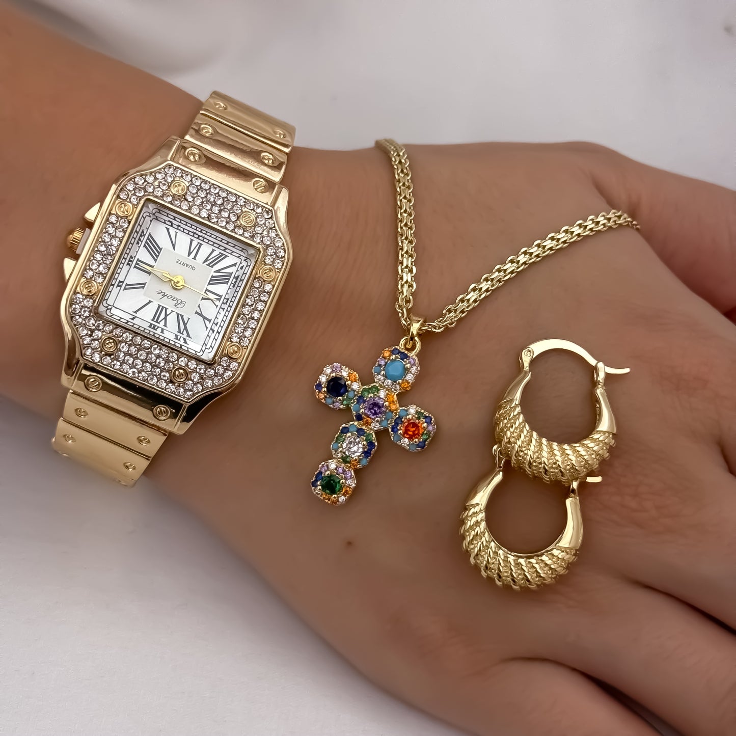 Cadena Tejido Chino de Dama de 45cm de 3mm de Grosor + Cruz con circones de colores + Candongas con Melcochas Diamanatadas + Reloj Catier con micro circones en Oro Laminado 18k con Garantia de por vida