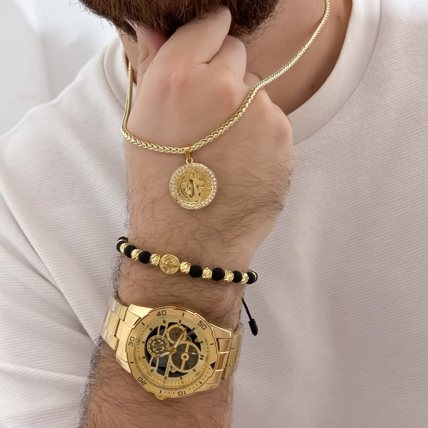 Cadena Tejido Barbada de 60cm de 3mm de Grosor + Dije de San Benito Protección + Pulsera San Benito Protección en Oro Laminado 18k con Garantia de por vida + Reloj Rolex de Alta Calidad con Garantía