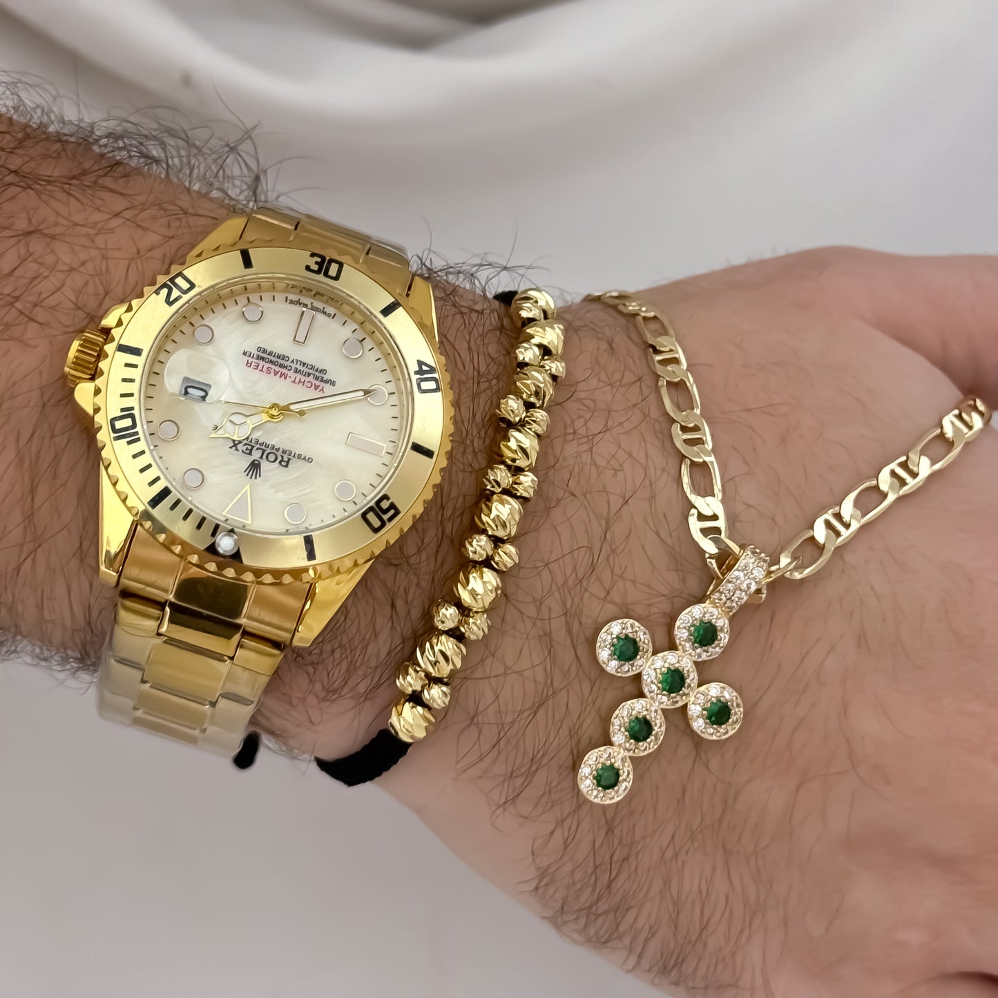 Cadena Tejido 1 X 1 de Hombre de 60cm de 4mm de grosor + Cruz Verde Esmeralda + Pulsera italiano de 6mm en Oro Laminado 18k con Garantia de por vida + Reloj Rolex de Alta Calidad