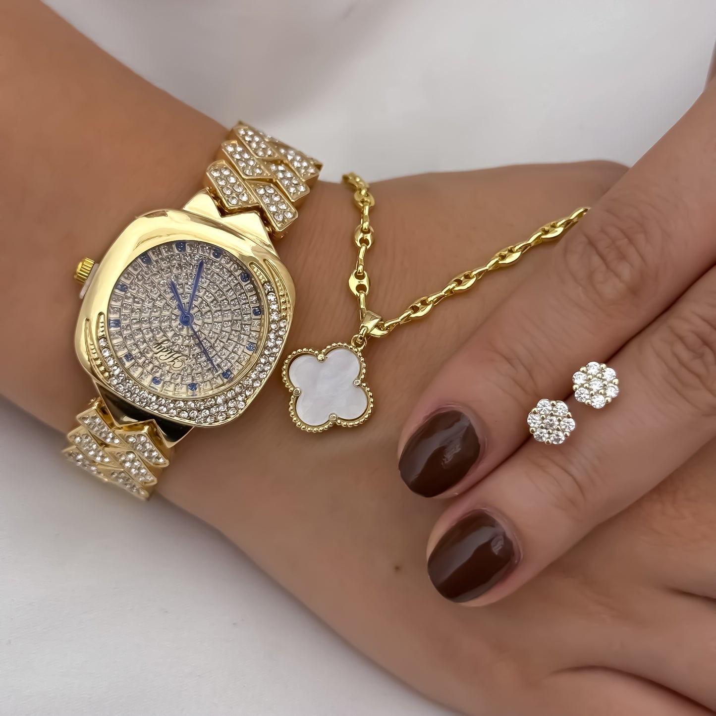 Cadena Tejido Gucci de Dama de 45cm de 3mm de Grosor + Trebol Blanco de suerte + Topo balin circon en Oro Laminado 18k con Reloj de Micro circones de Alta Calidad