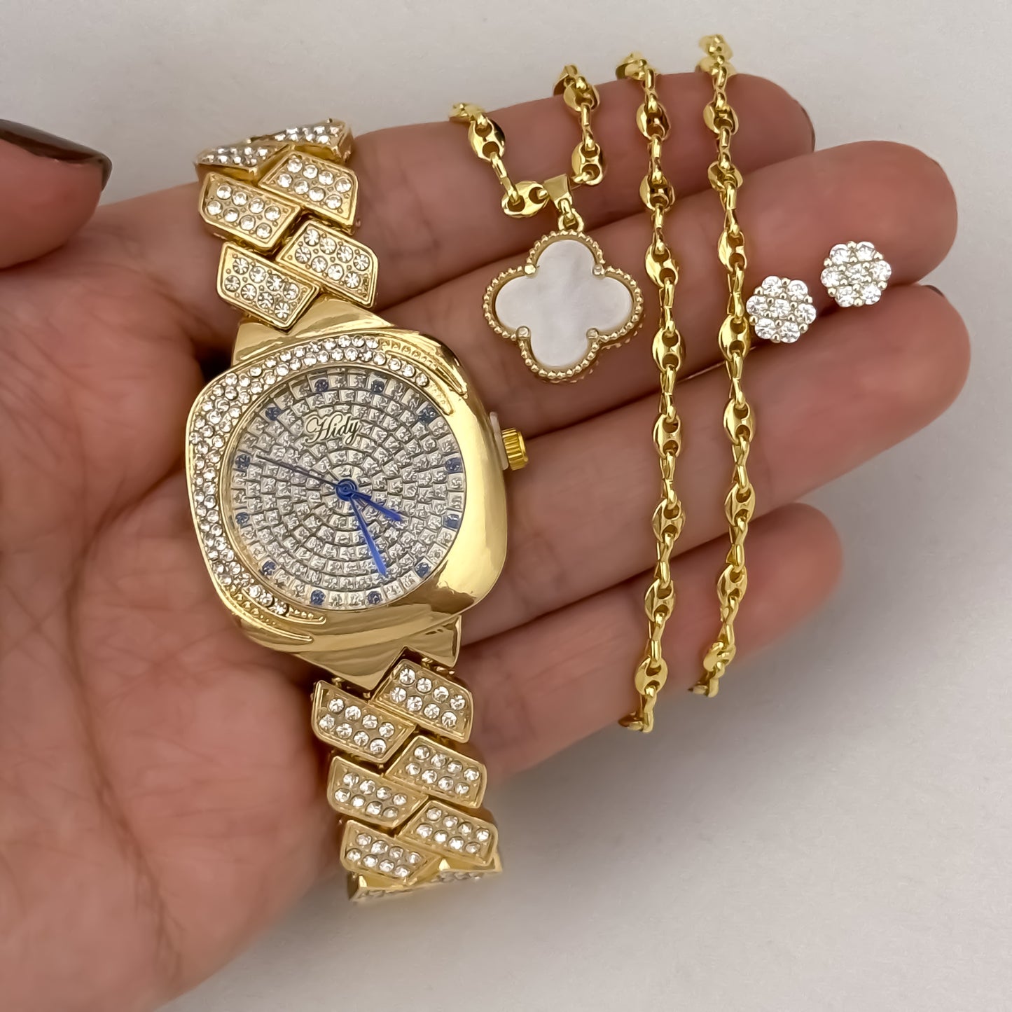 Cadena Tejido Gucci de Dama de 45cm de 3mm de Grosor + Trebol Blanco de suerte + Topo balin circon en Oro Laminado 18k con Reloj de Micro circones de Alta Calidad