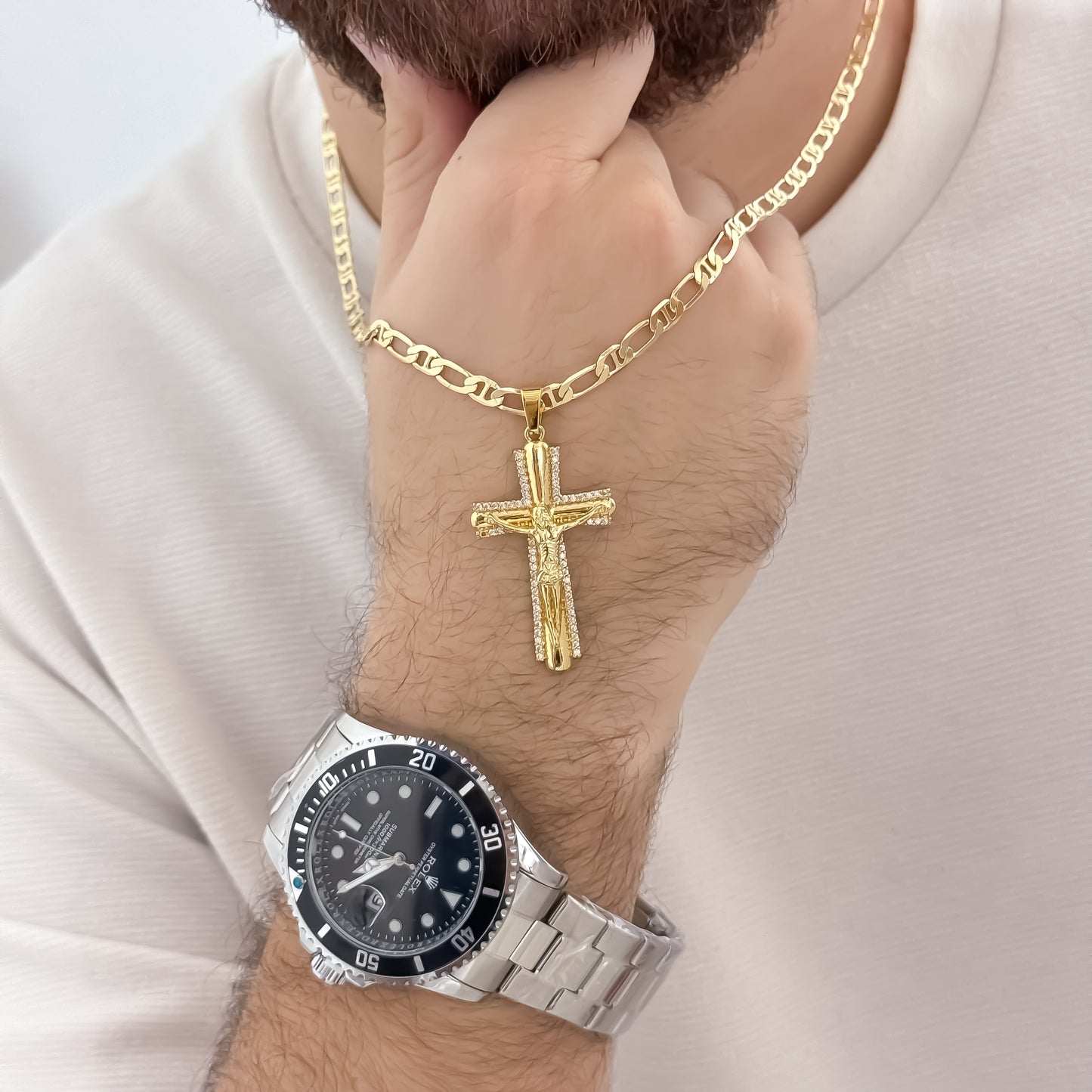 Cadena Tejido 1 X 1 de Hombre de 60cm + Cruz Cristo Madero en oro Laminado 18k + Reloj Rolex de Alta Calidad en Oro Laminado 18k