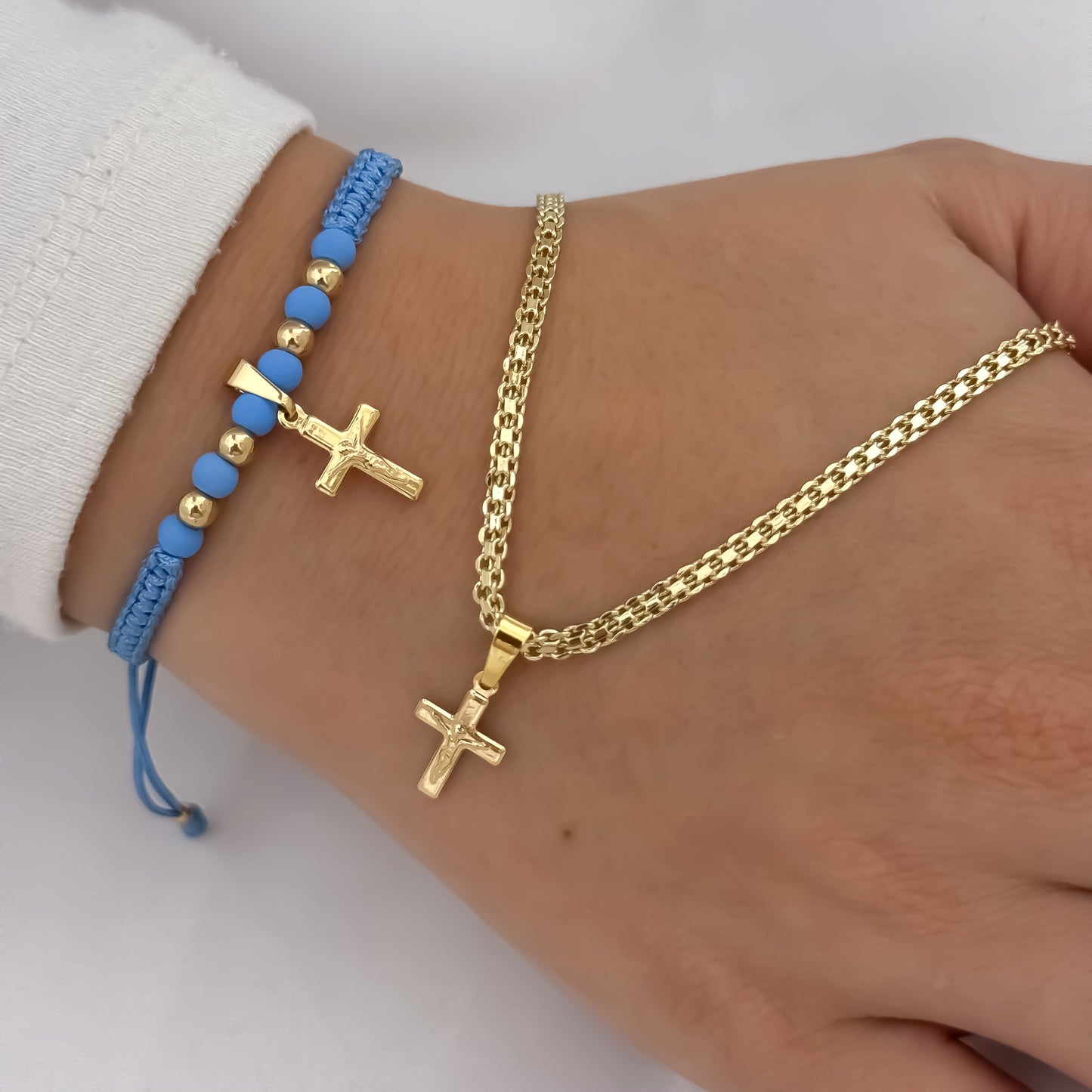 Juego Cadena Tejido Chino de Dama de 45cm de 3mm de Grosor + Dije de cruz + Pulseras Cruz en Oro Laminado 18k con Garantía de por vida