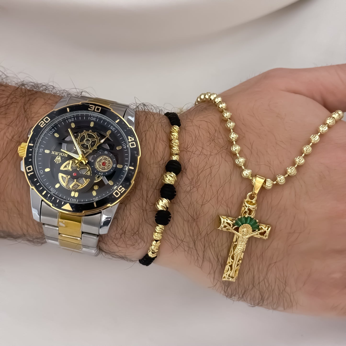 Cadena Tejido Militar Diamantada 60cm de 4mm de Grosor + Cruz Madero circones Verde + Pulsera Balin Italiano en Oro Laminado 18k + Reloj Rolex de Caballero de alta calidad