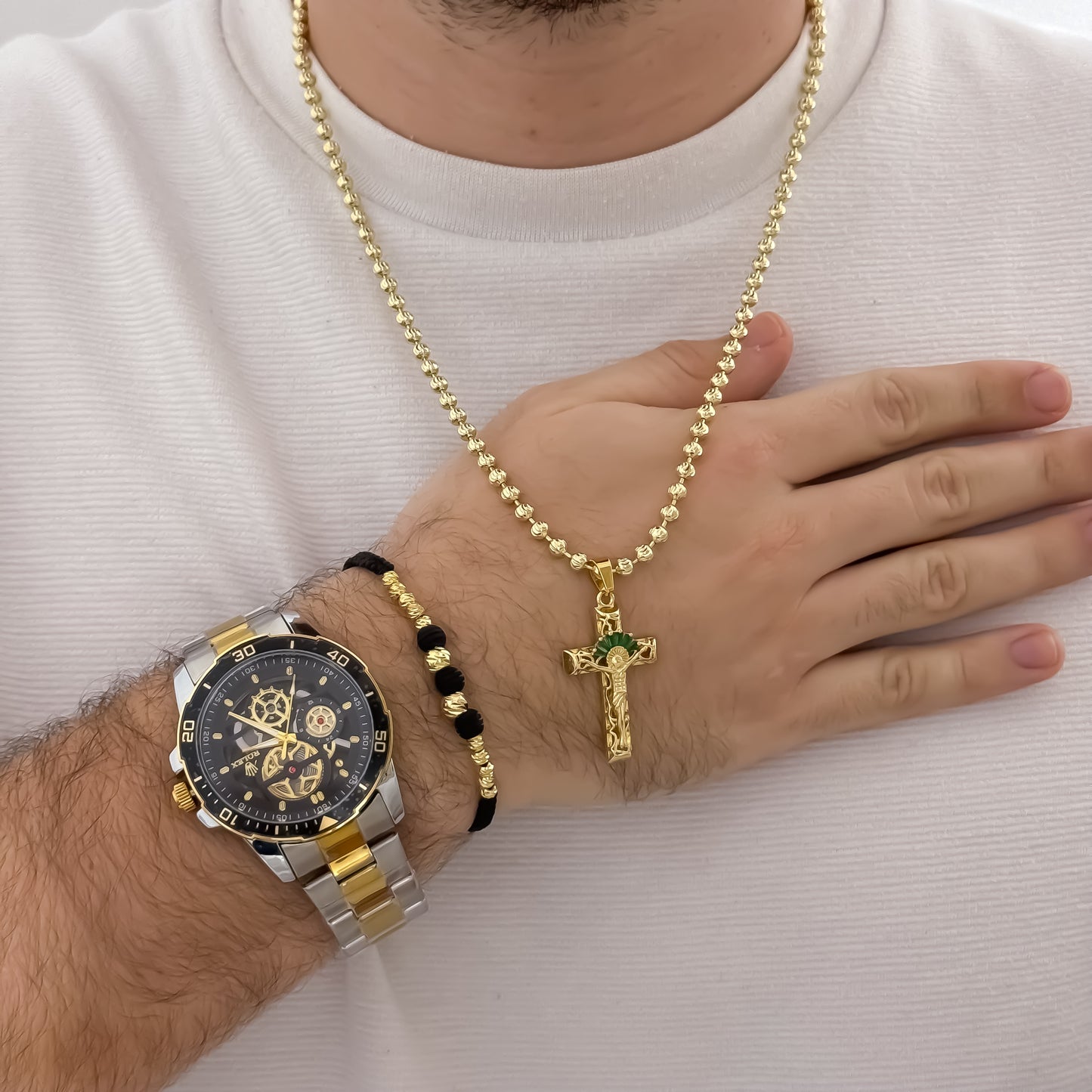 Cadena Tejido Militar Diamantada 60cm de 4mm de Grosor + Cruz Madero circones Verde + Pulsera Balin Italiano en Oro Laminado 18k + Reloj Rolex de Caballero de alta calidad