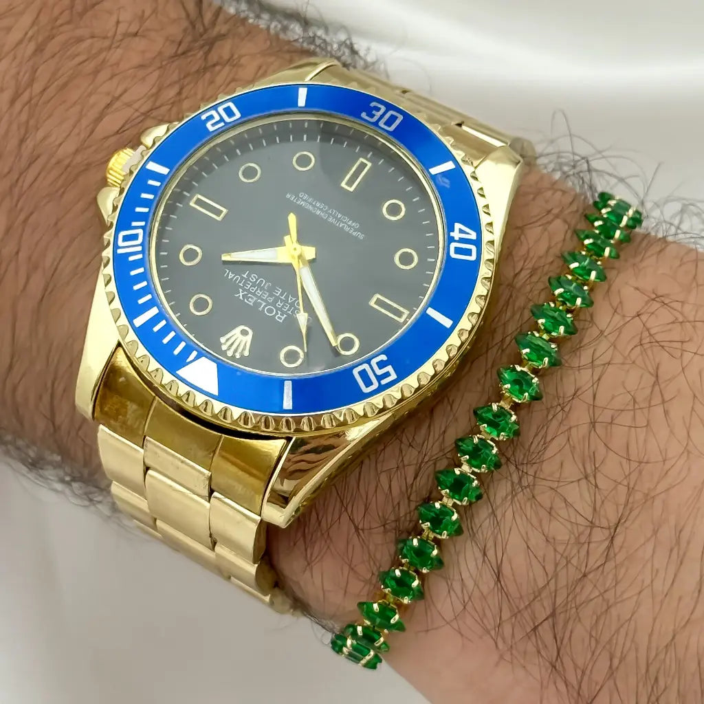 RELOJ ROLEX ORO AMARILLO + PULSERA TENNIS VERDE ESMERALDA EN BAÑ0 DE ORO DE 18K ,