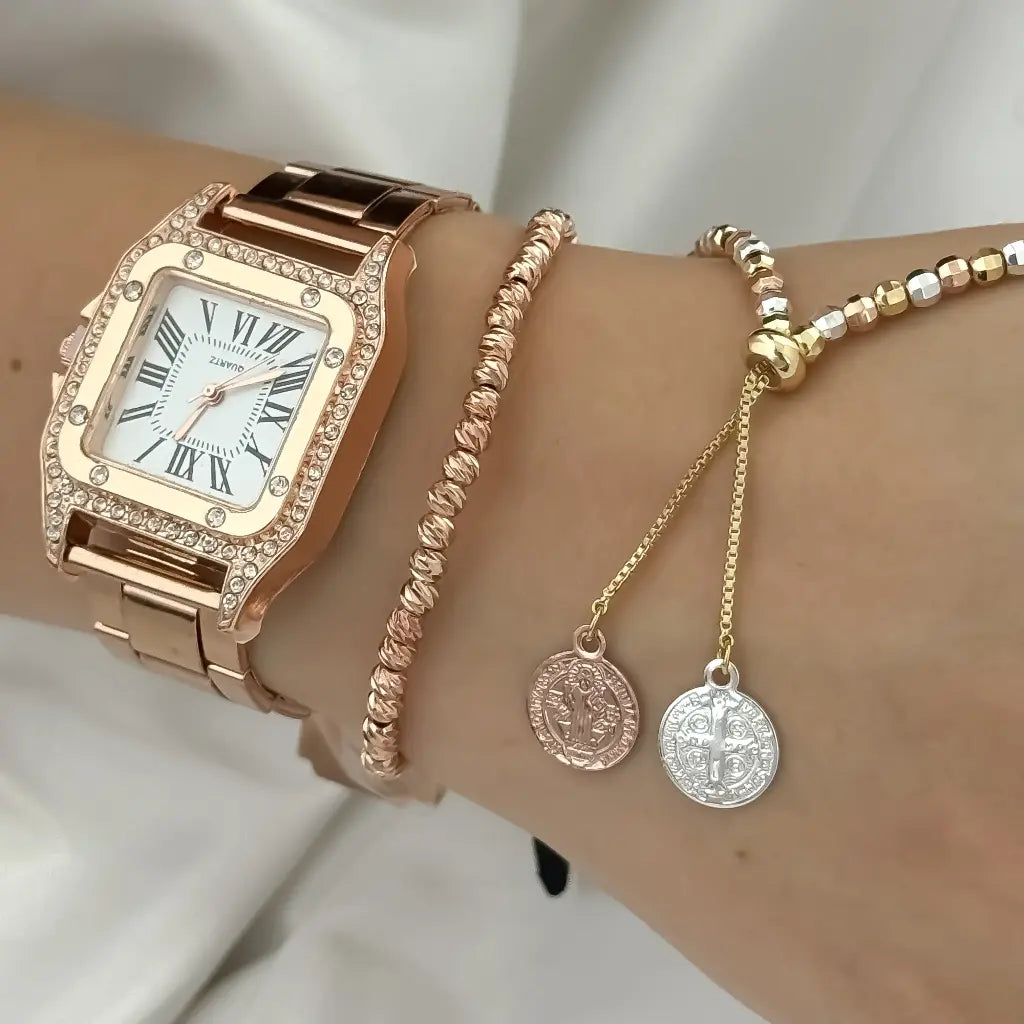 Juego de Choker de 3 Oros Balin Diamantado de San Benito Protección + Pulseras Balin 4mm en Oro Rosa en Baño de Oro de 18k + Reloj Catier en Oro Rosa con Garantia