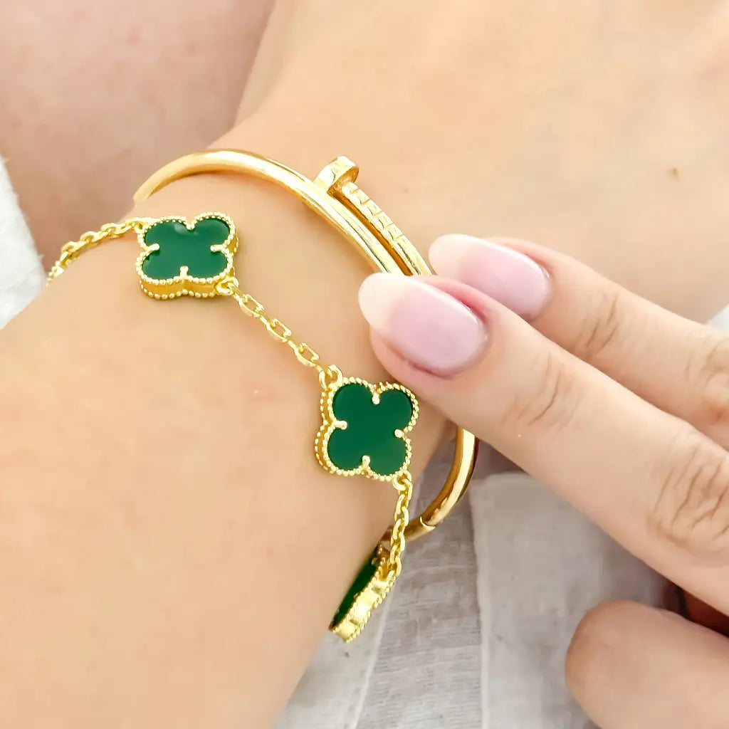 Juego de Pulsera Trébol Verde de la suerte + Pulsera Clavo en Baño de Oro de 18K.