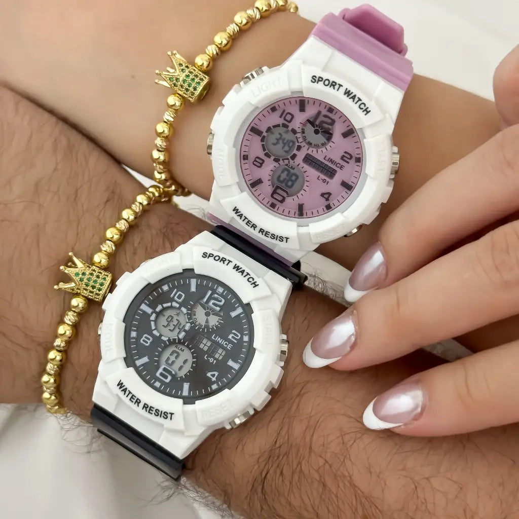 Juego de Pulseras para Pareja Balin 6mm con Corona Rey y Reina en Baño de Oro de 18k + Reloj de Parejas con Garantia