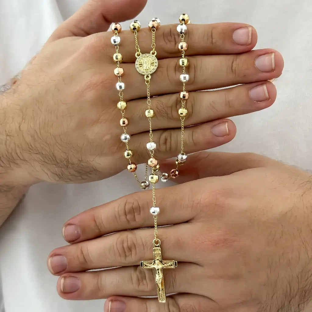 CAMANDULAS DE VIRGEN GUADALUPE DE 3 OROS CON BALIN DIAMANTADO DISCOTEQUERO 8MM EN BAÑO DE ORO DE 18K CON GARANTIA