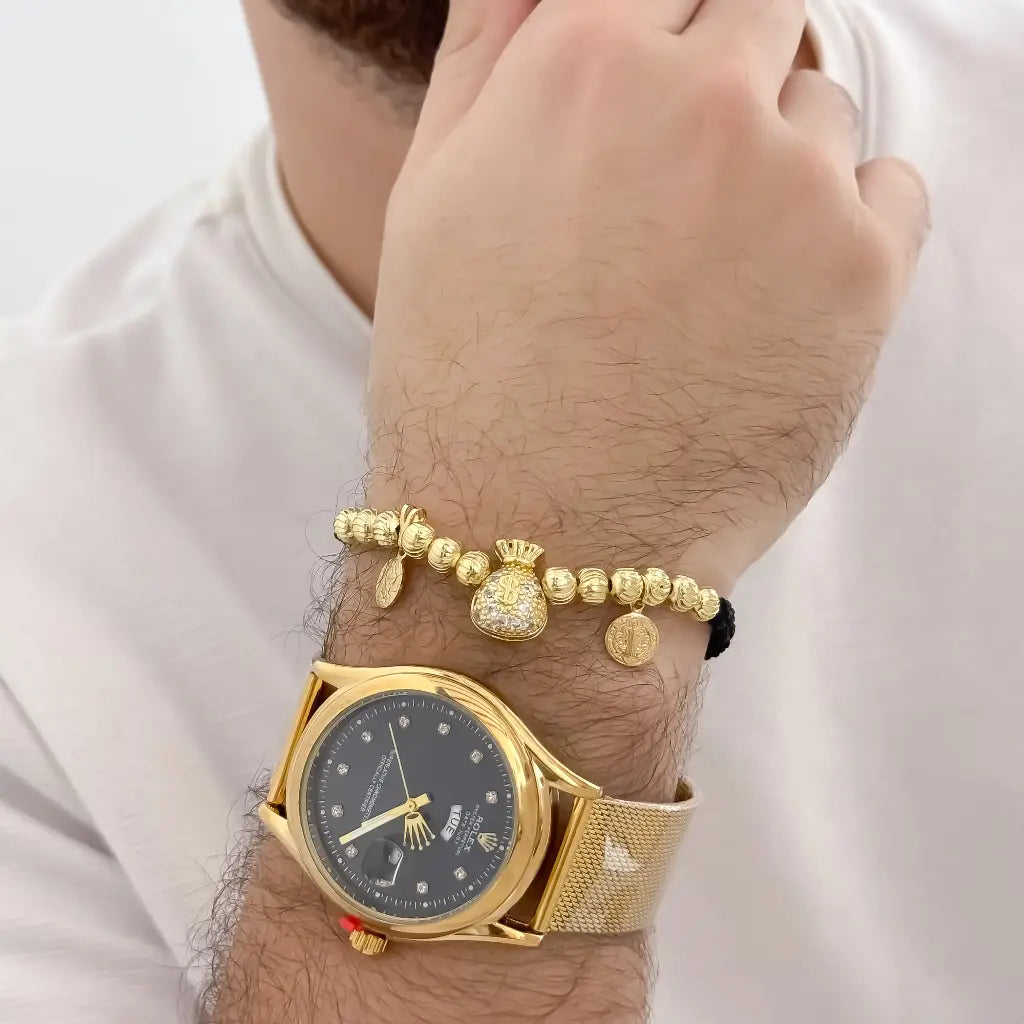 Pulsera de Abundancia y Protecion Arcangel San Miguel + San Benito Proteccion en Oro laminado 18K + Reloj Rolex de Alta Gama con Garantia de por vida