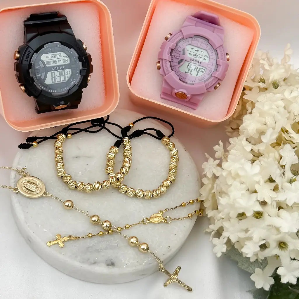 Juego de Camandula para parejas Hombre 60cm/6mm + Camandula de Dama 45cm/5mm + 2 pulseras Balin Diamantado 6mm en Baño de Oro + Reloj de Alta Calidad con Garantia