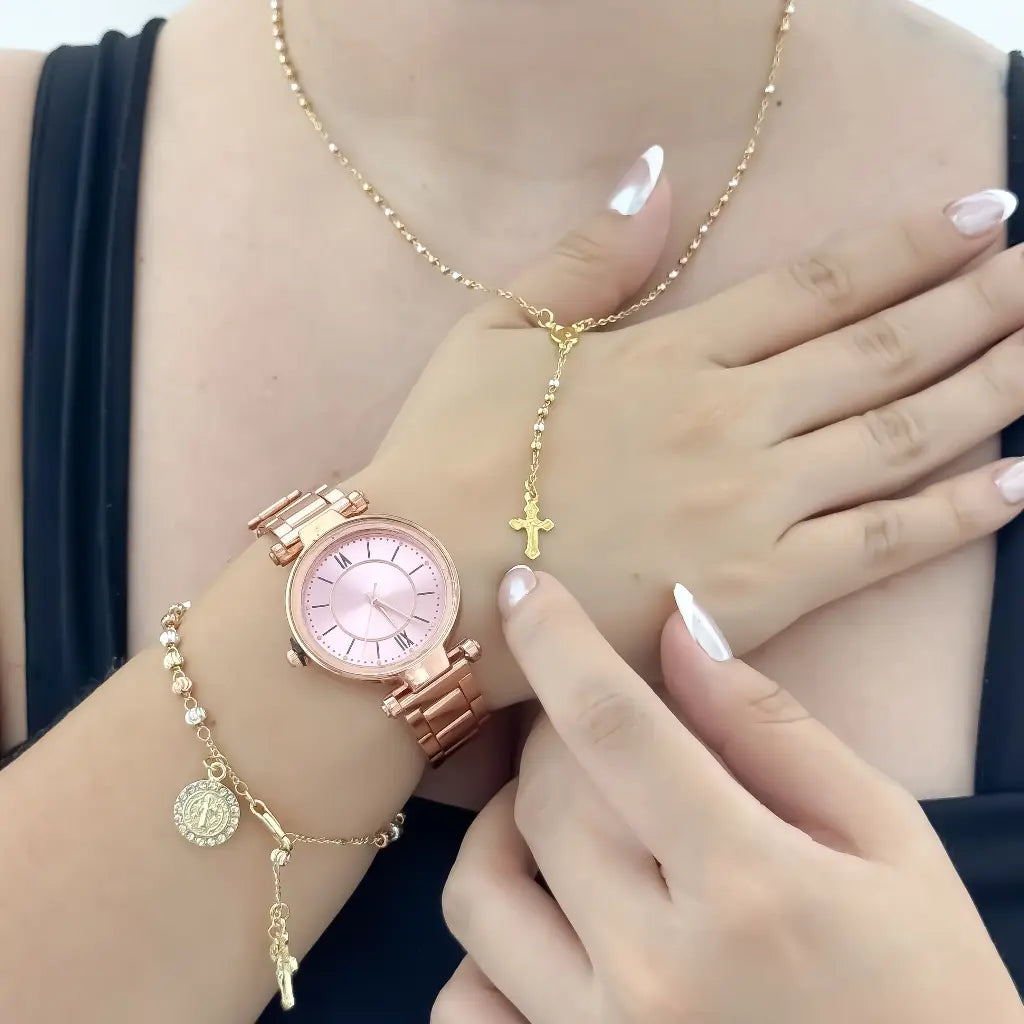 Conjunto para Dama de 3 Oros Camándula + Denarios en baño de oro de 18k + Reloj en Oro Rosa