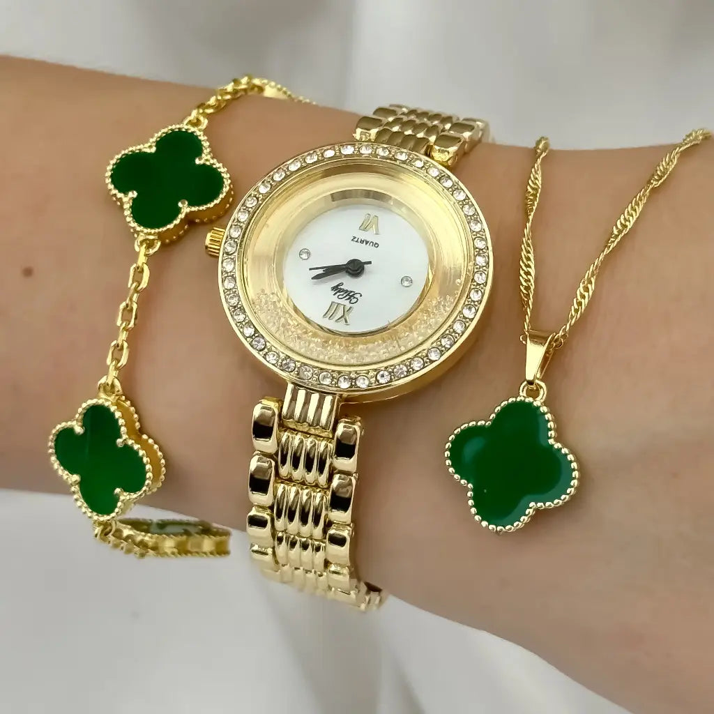 Conjunto de la Buena Suerte Cadena + Pulsera Trebol + Reloj en Baño de Oro de 18k con Garantia de por Vida