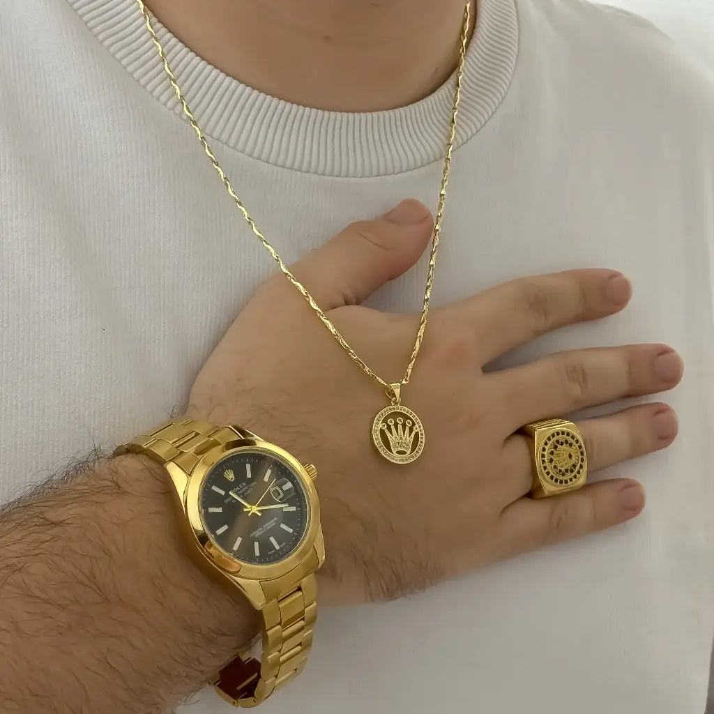 Conjunto Rolex para Caballero Cadena 60cm + Dije Rolex + Anillo Rolex + Reloj Rolex en Baño de Oro de 18k con Garantia