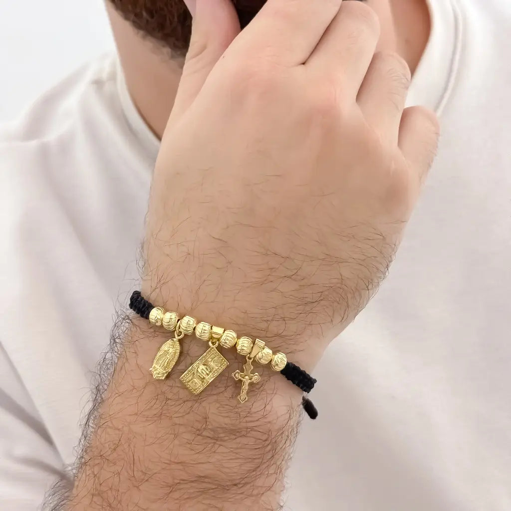 Pulsera de Abundancia y Protección Balin Italiano de 6mm de Virgen Guadalupe + Billete de Dolar + Cruz Trebol en Oro Laminado 18k con Garantia de por vida