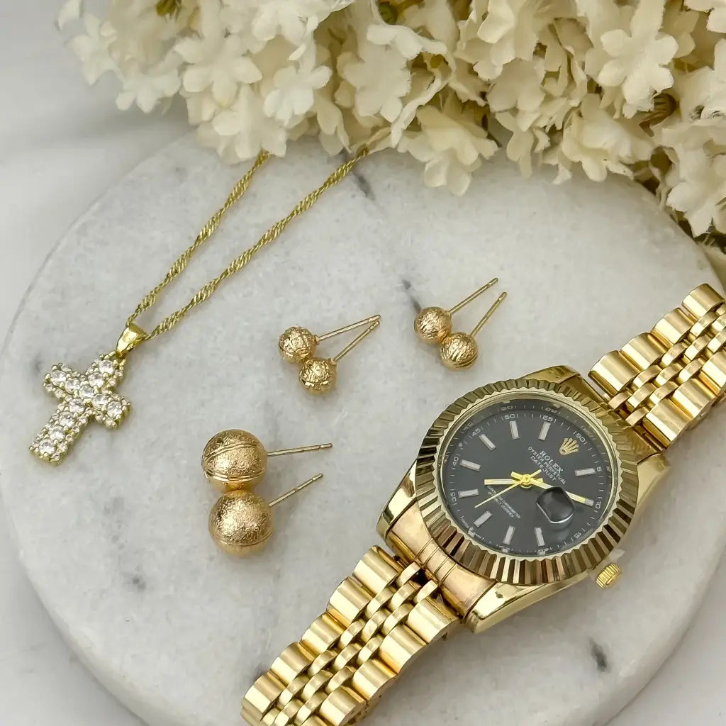 Juego de Cadena Tejido Singapur + Cruz Circones + Juego de Topos 3 Tamaños en Baño de Oro + Reloj Rolex con Garantia