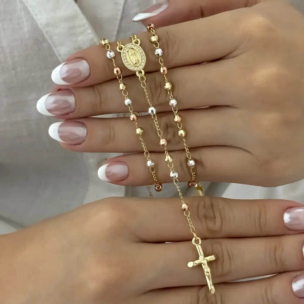 Camándula de 3 Oros en Balín Diamantado para Dama en Baño de Oro de 18k con Garantia