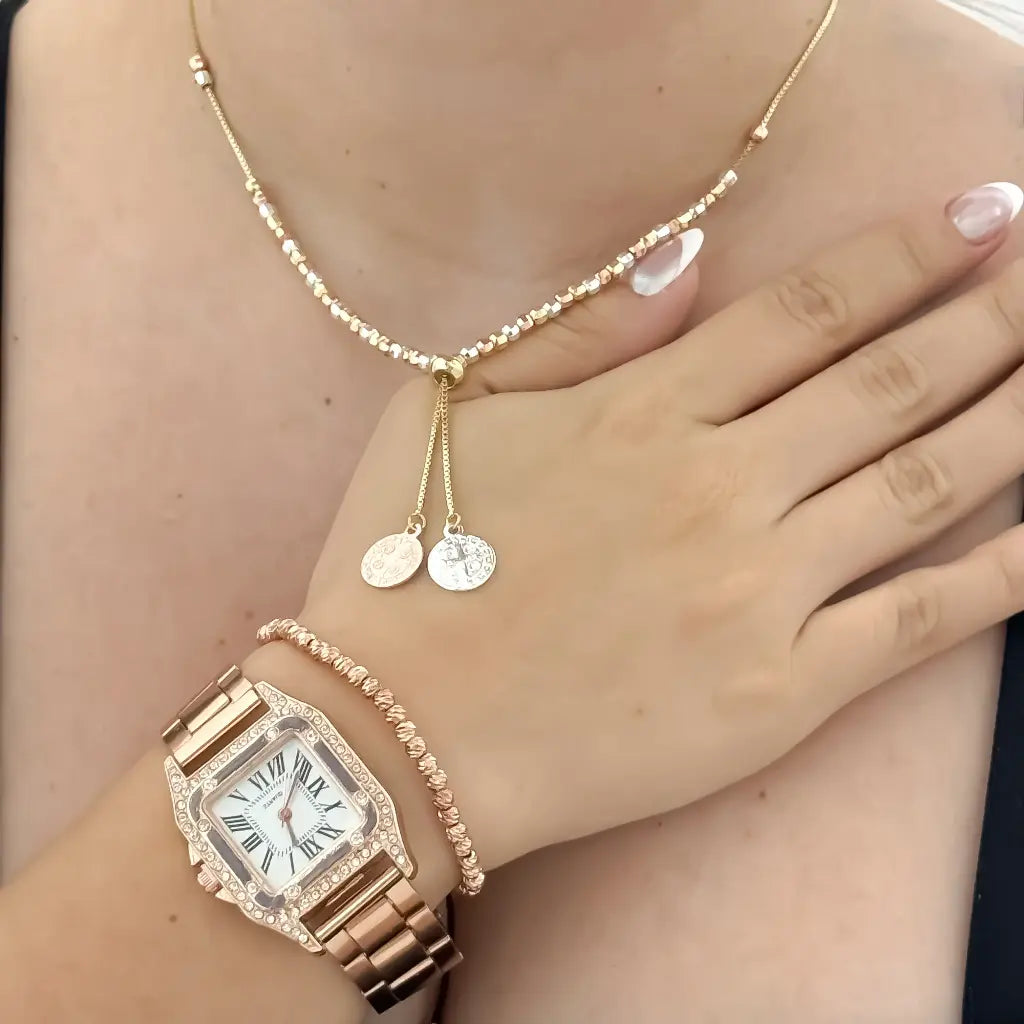 Juego de Choker de 3 Oros Balin Diamantado de San Benito Protección + Pulseras Balin 4mm en Oro Rosa en Baño de Oro de 18k + Reloj Catier en Oro Rosa con Garantia