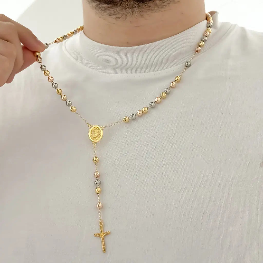 CAMANDULA DE VIRGEN DE GUADALUPE DE 3 OROS 65CM BALIN 7MM EN BAÑO DE ORO DE 18K CON GARANTIA