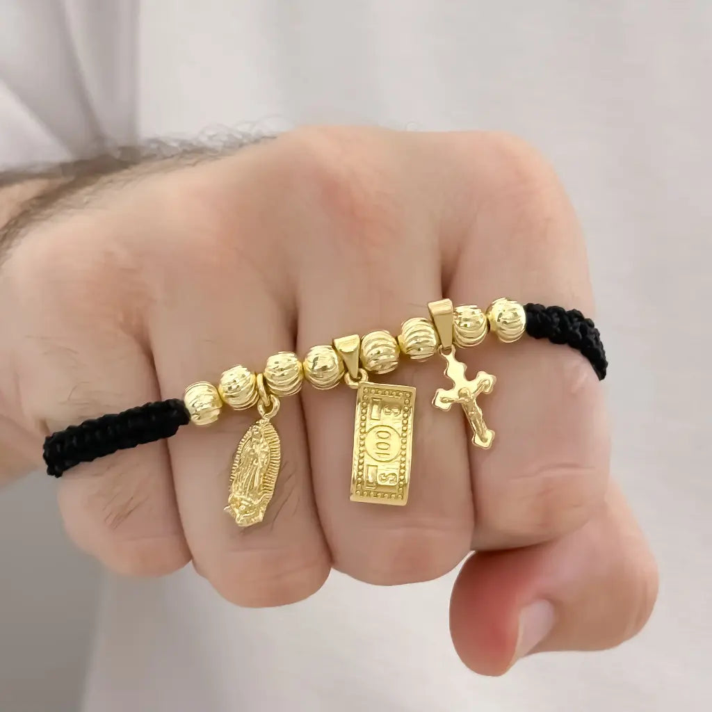 Pulsera de Abundancia y Protección Balin Italiano de 6mm de Virgen Guadalupe + Billete de Dolar + Cruz Trebol en Oro Laminado 18k con Garantia de por vida