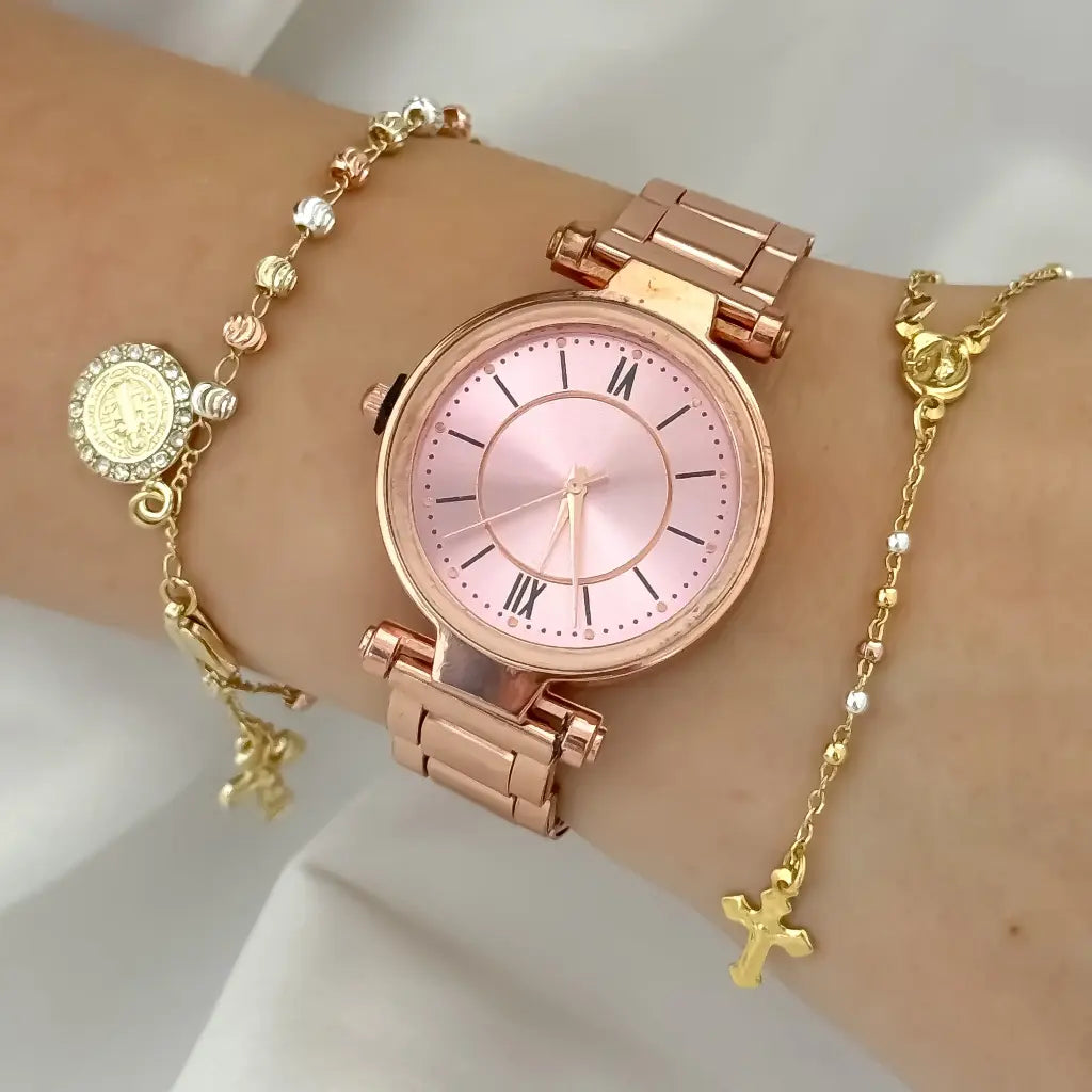 Conjunto para Dama de 3 Oros Camándula + Denarios en baño de oro de 18k + Reloj en Oro Rosa
