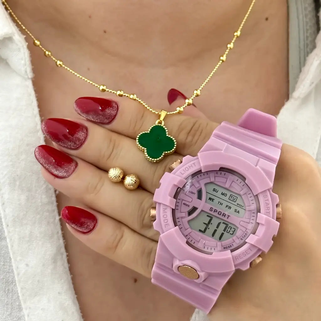 Juego de Cadena Tejido Militar Doble + Dije Trebol Verde de la Suerte + Topo Balin Diamantado 5mm en Baño de Oro 18k + Reloj de Alta Gama con Garantia