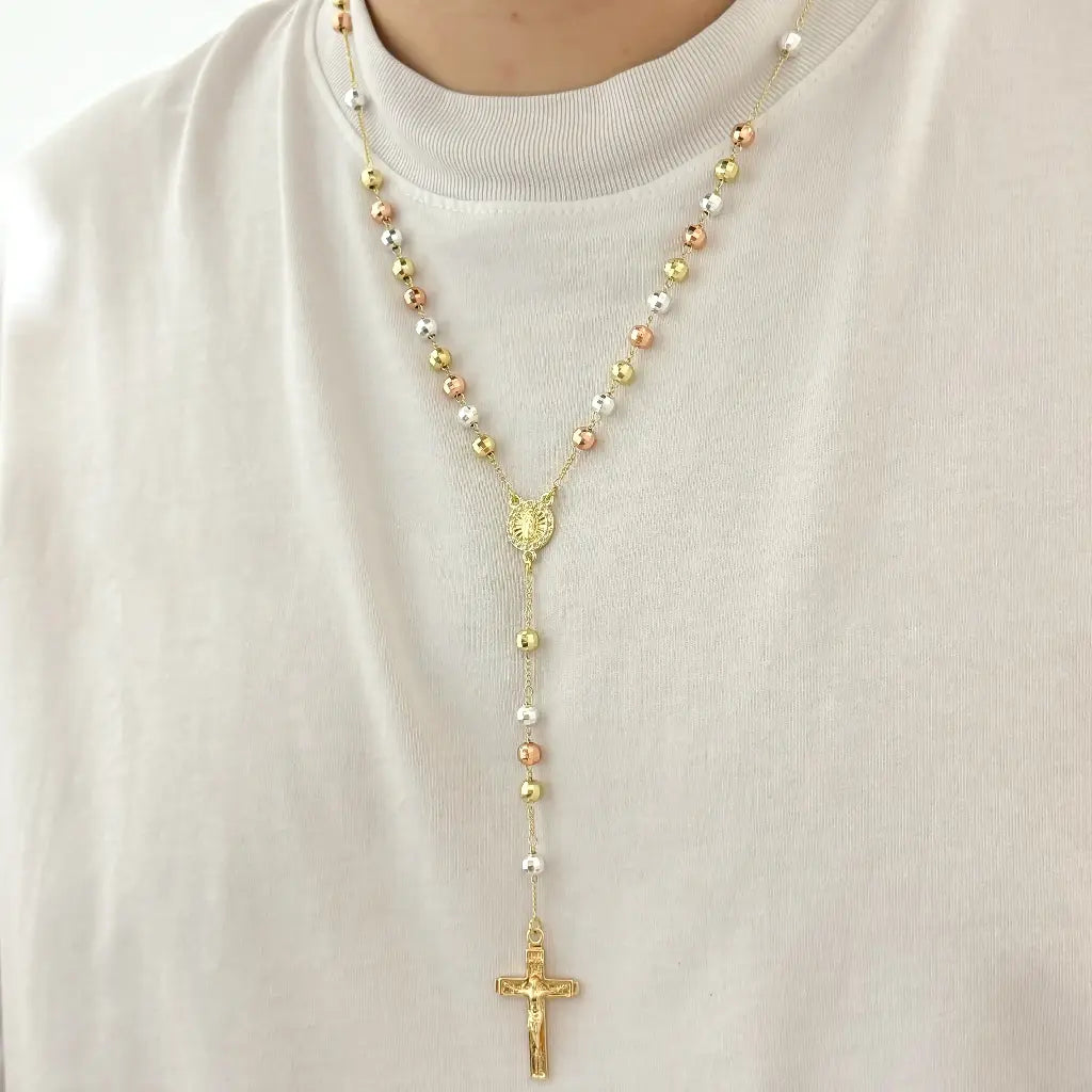 CAMANDULAS DE VIRGEN GUADALUPE DE 3 OROS CON BALIN DIAMANTADO DISCOTEQUERO 8MM EN BAÑO DE ORO DE 18K CON GARANTIA