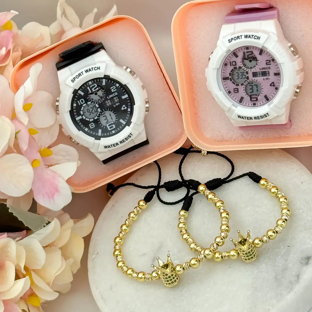 Juego de Pulseras para Pareja Balin 6mm con Corona Rey y Reina en Baño de Oro de 18k + Reloj de Parejas con Garantia