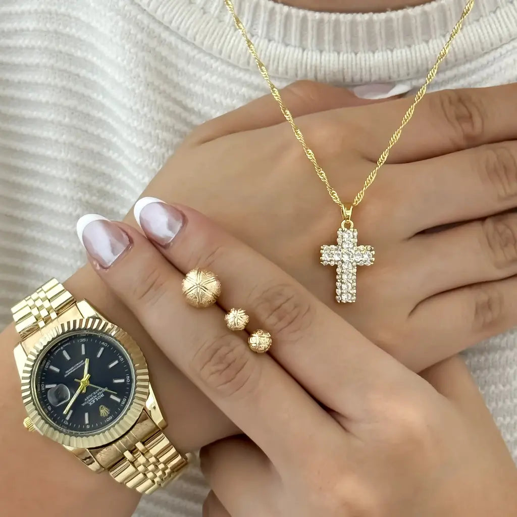 Juego de Cadena Tejido Singapur + Cruz Circones + Juego de Topos 3 Tamaños en Baño de Oro + Reloj Rolex con Garantia