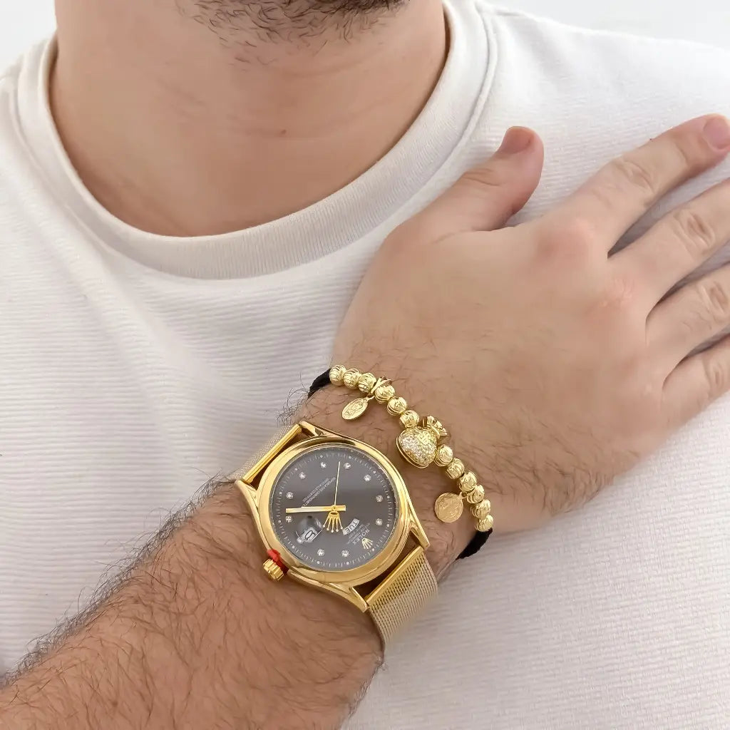 Pulsera de Abundancia y Protecion Arcangel San Miguel + San Benito Proteccion en Oro laminado 18K + Reloj Rolex de Alta Gama con Garantia de por vida