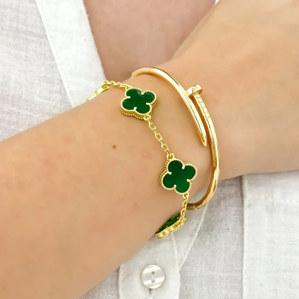 Juego de Pulsera Trébol Verde de la suerte + Pulsera Clavo en Baño de Oro de 18K.