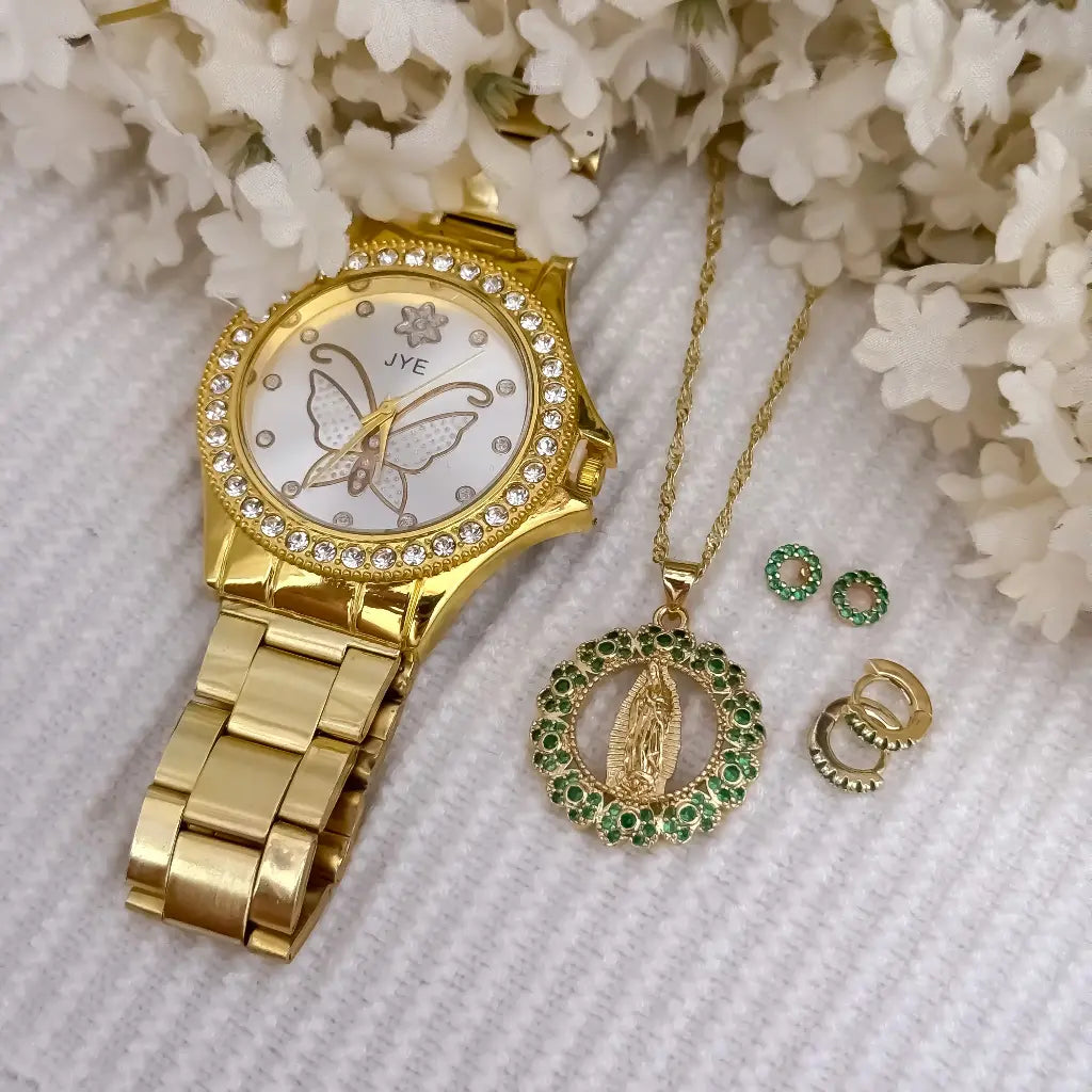Juego de Cadena Singapur de Dama de 45cm + Virgen de Guadalupe con Circones Verde + Topos Verde Esmeralda + Candongas Verde en Oro Laminado 18k con Garantia de por vida + Reloj de Alta Gama de Dama Marca JYE