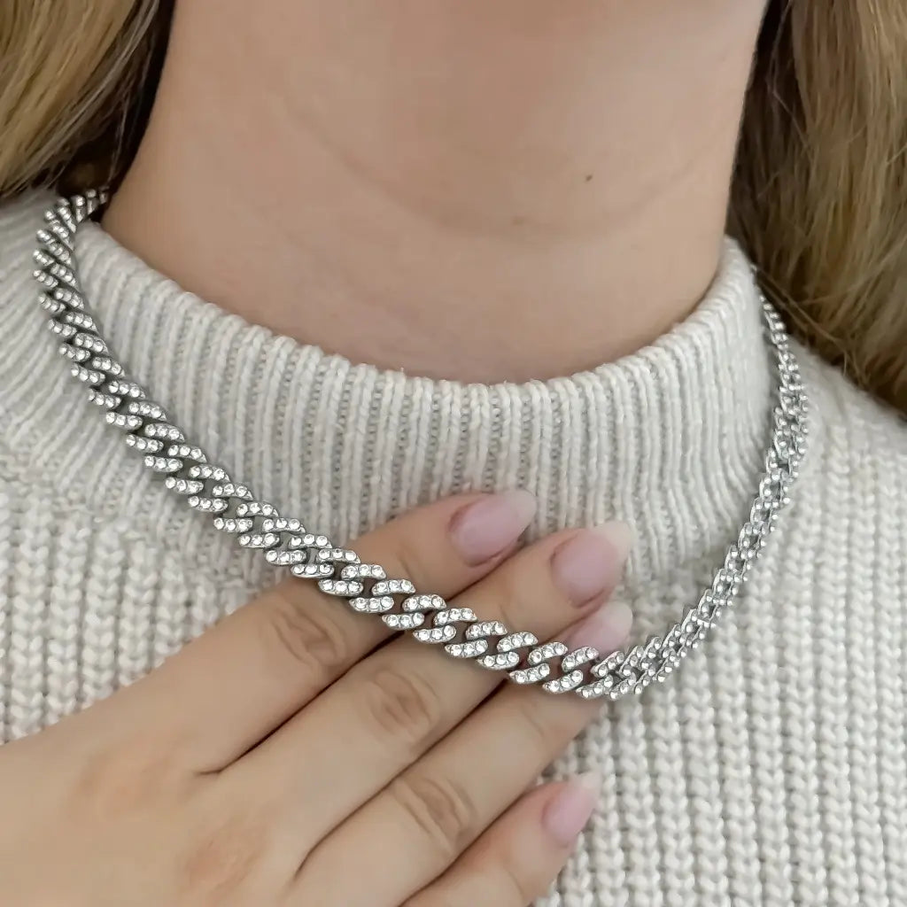 Choker Cubano 45cm-8mm de Grosor en Oro Blanco en Baño Oro de 24k con Garantia