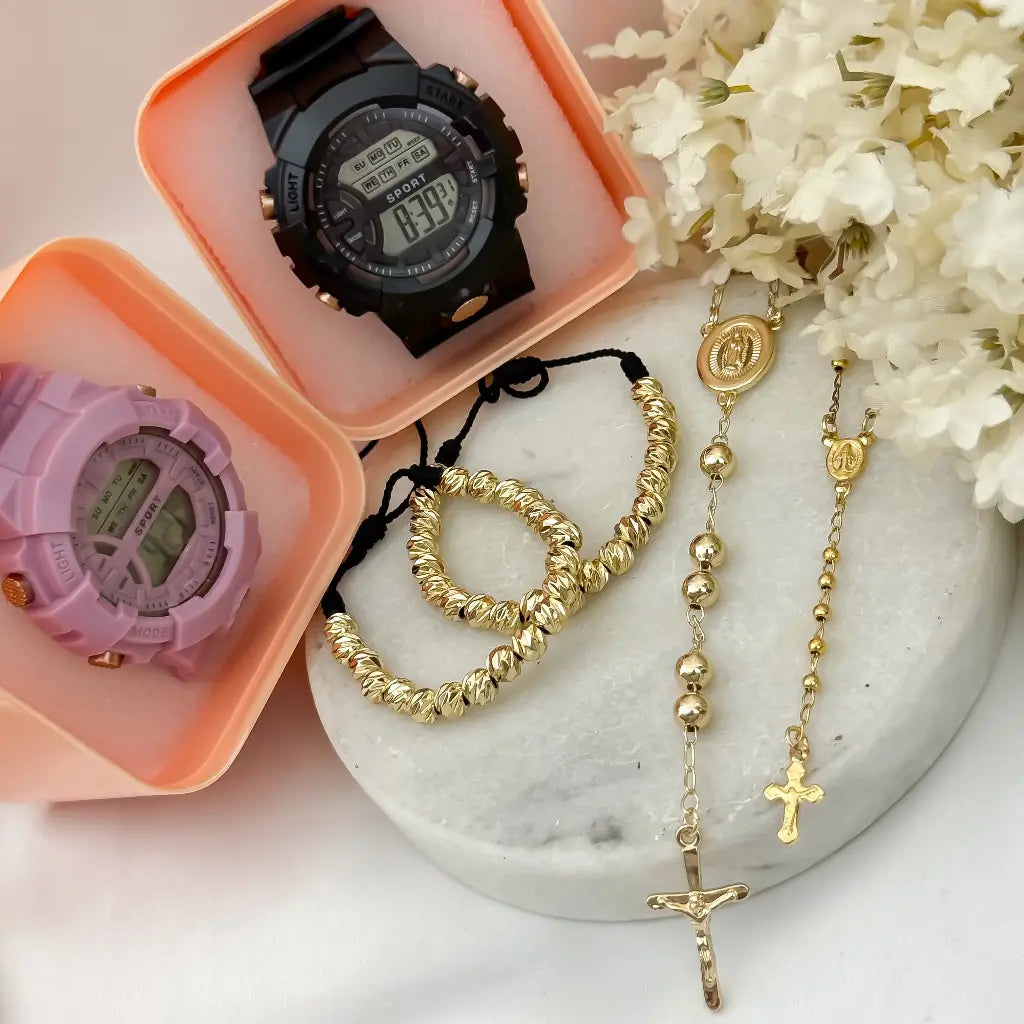 Juego de Camandula para parejas Hombre 60cm/6mm + Camandula de Dama 45cm/5mm + 2 pulseras Balin Diamantado 6mm en Baño de Oro + Reloj de Alta Calidad con Garantia