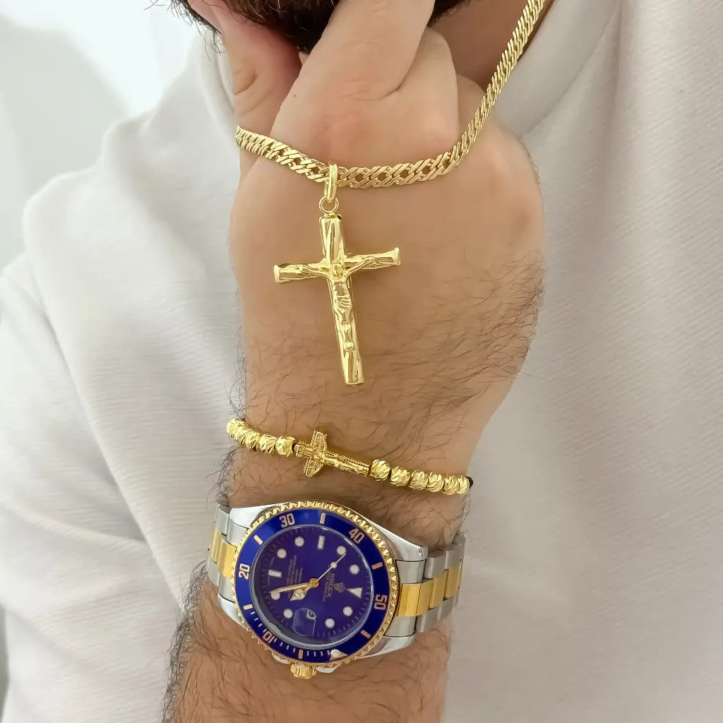 Juego de Cadena Cubana Cruzada 60cm + Cristo Madero + Pulsera Cristo Madero Balin italaino de 6mm en Oro Laminado 18k con Garantia de por vida + Reloj Rolex Replica 1.1 con Garantia