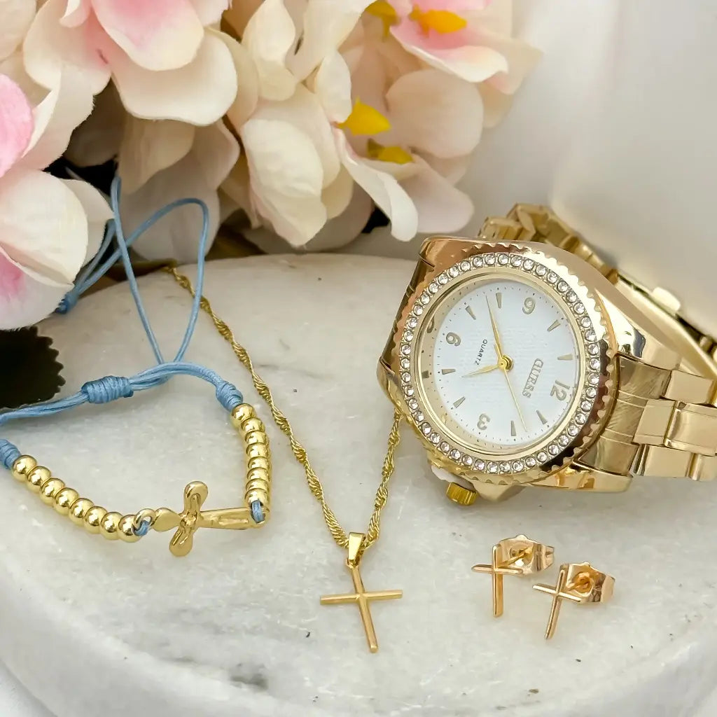 Conjunto Cruz para Dama Cadena Tejido Singapur Dije Cruz + Topo Cruz + Pulsera Cruz en Baño de Oro + Reloj Casio con Garantia