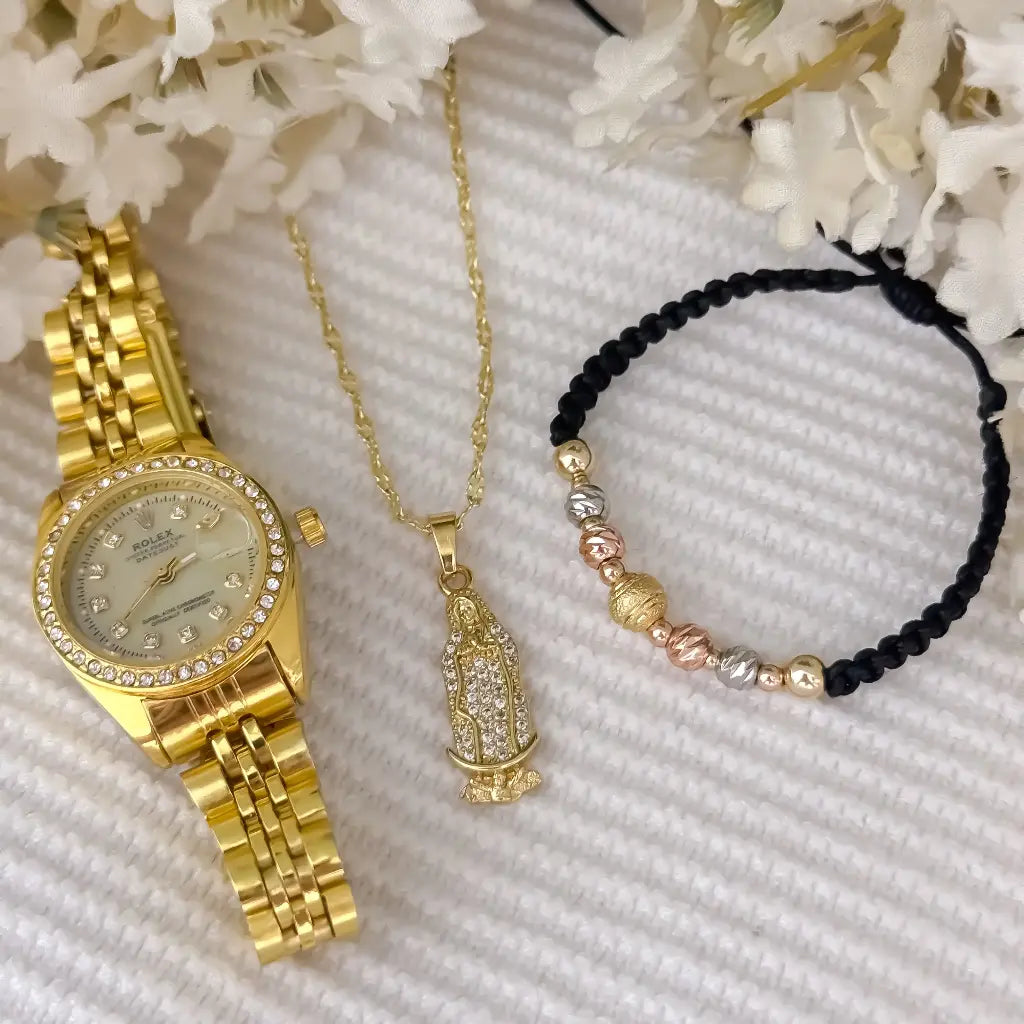 Cadena Tejido Crispeta de Dama 45cm + Virgen guadalupe con Circones + Pulsera de 3 Oros Balin italaino en Oro laminado 18k + Reloj de Dama Rolex con Micro circones con Garantia de por vida