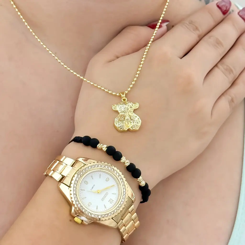 Conjunto para Dama Cadena Tejido Militar + Oso Circones + Pulseras Balin Italiano 4mm en Baño de Oro de 18k + Reloj Guess con Circones con Garantia de por vida