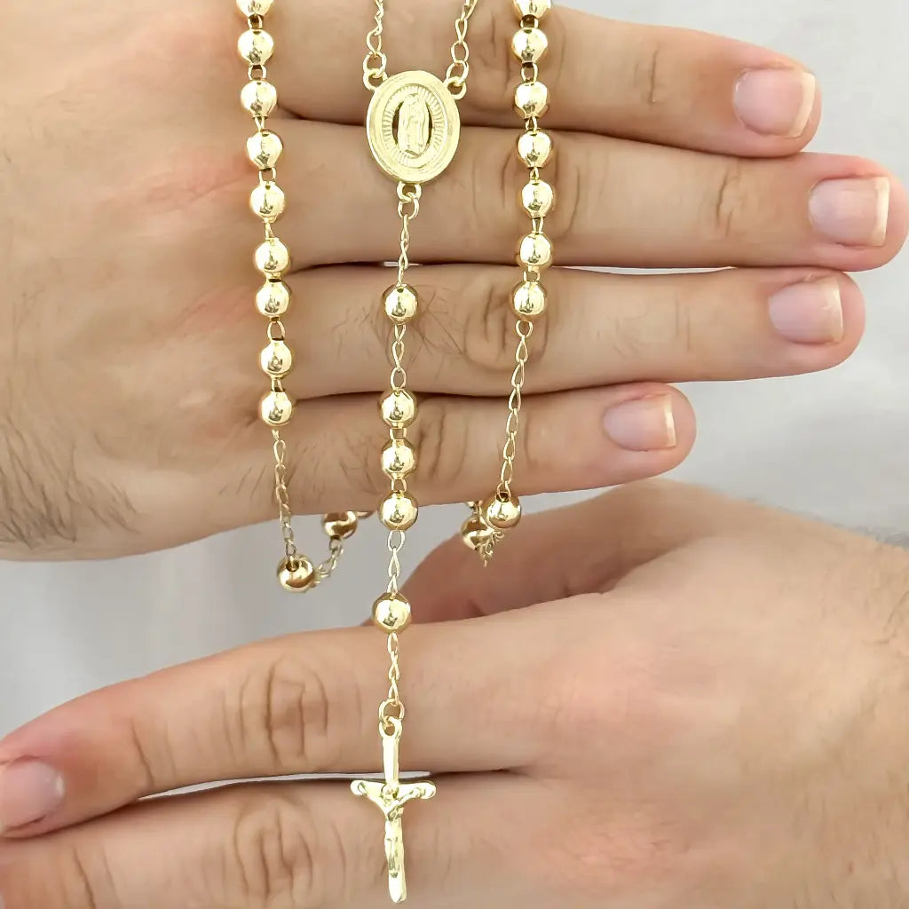 Camándula de la Virgen de Guadalupe en Balín 6mm Liso en Baño de Oro de 18k