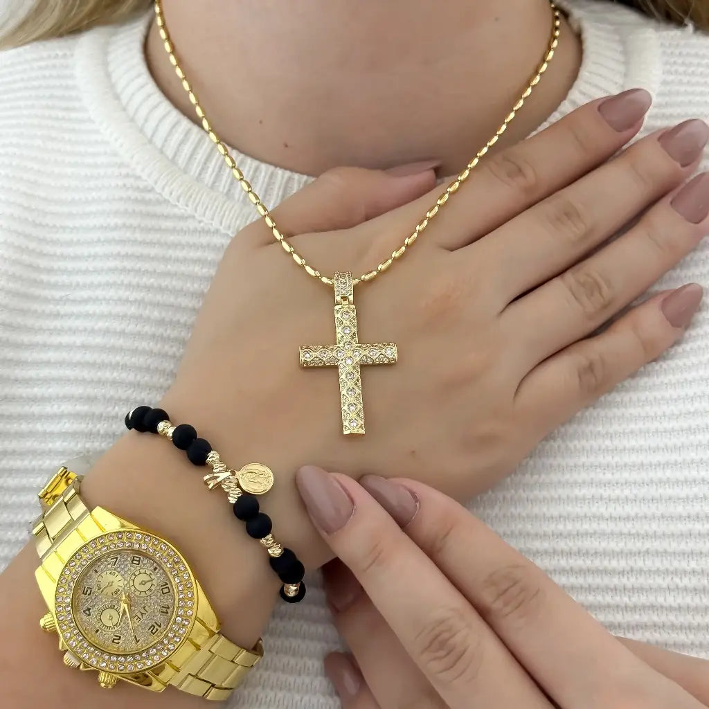 Cadena Tejido Militar de Dama 45cm + Cruz Circonia + Pulsera Balin Diamantado 4mm Virgen Guadalupe en Baño de Oro + Reloj de Alta gama Dama con Garantia