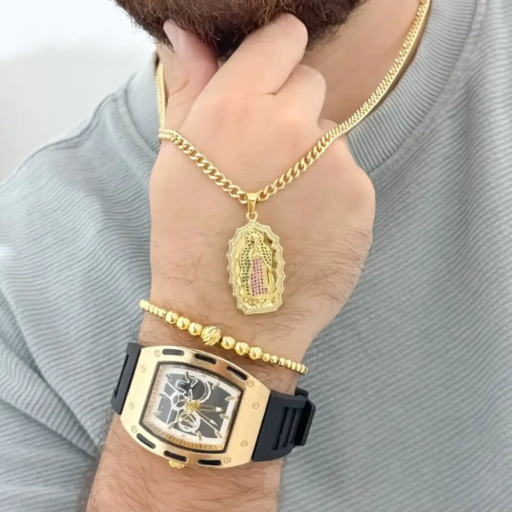 Cadena Cubana de Hombre de 60cm de 3mm de Grosor + Virgen de Guadalupe con Micro circones + Pulsera Full balines de 4mm + Reloj Richar de Alta calida en Oro Laminado 18k con Garantia de por vida