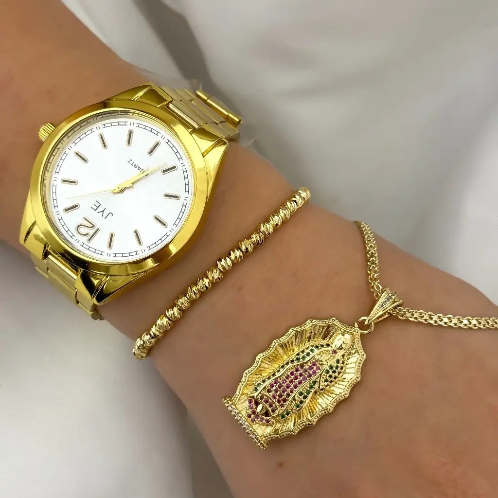 Cadena Tejido Chino + Virgen Guadalupe con Circones Tallada + pulsera Balin Italiano 4mm en Baño de Oro de 18k + Reloj de Alta Calidad