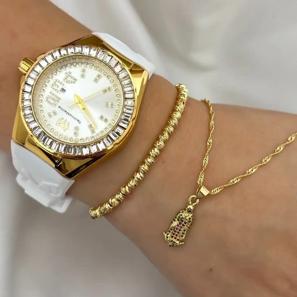 Juego Cadena Tejido Singapur + Virgen Guadalupe + Pulsera Balin 4mm en Baño de Oro de 18k con Garantia de por vida + reloj Tecno Marin