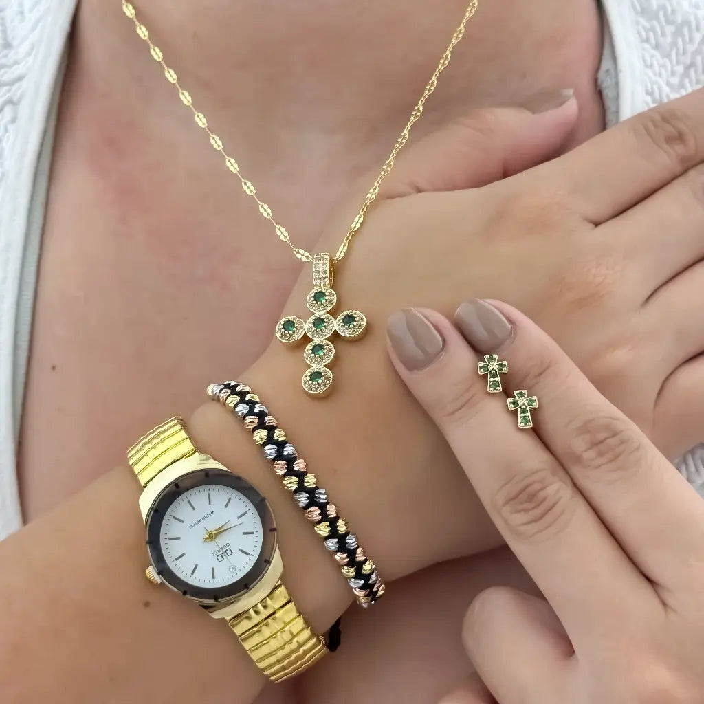 Juego para Dama Cadena Tejido Crispeta + Cruz Verde Esmeralda + Topo Verde + Pulsera Balin Italiano 4mm de 3 Oros en Oro Laminado 18k con Garantia de por vida + Reloj Q&Q