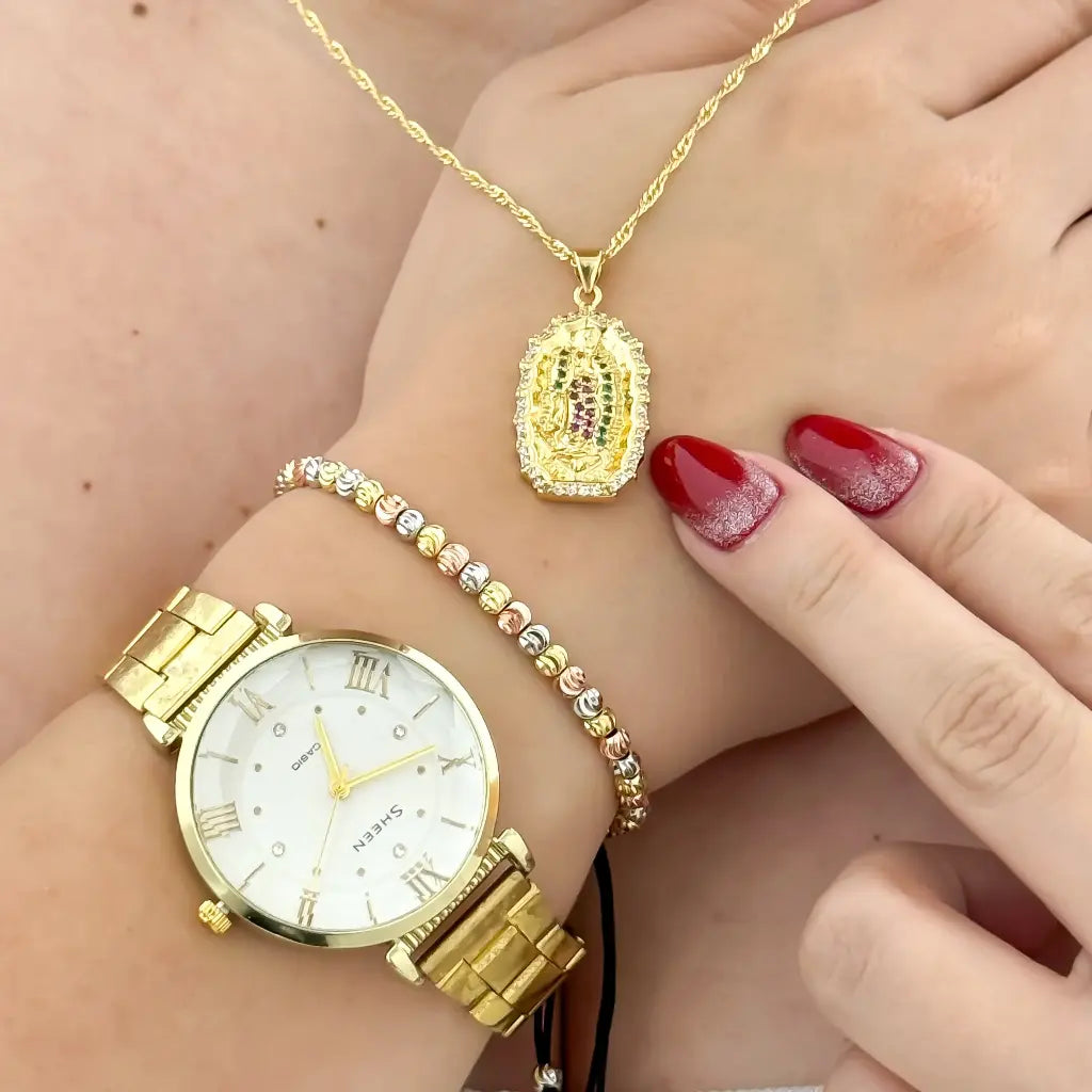 Cadena Tejido Singapur 45cm + Virgen Guadalupe + Pulsera 3 Oros Balin Italiano 4mm en Baño de Oro de 18k con Garantia de por vida + Reloj Casio con Garantia