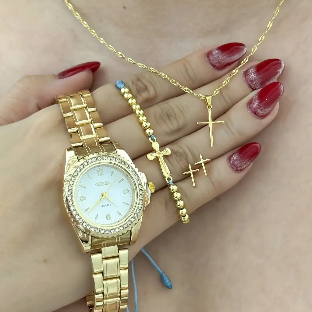 Conjunto Cruz para Dama Cadena Tejido Singapur Dije Cruz + Topo Cruz + Pulsera Cruz en Baño de Oro + Reloj Casio con Garantia